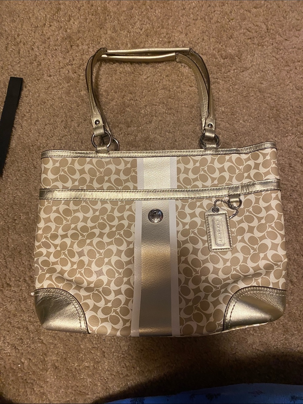 Coach Beige and Metallic Gold Signature Stripe Tote